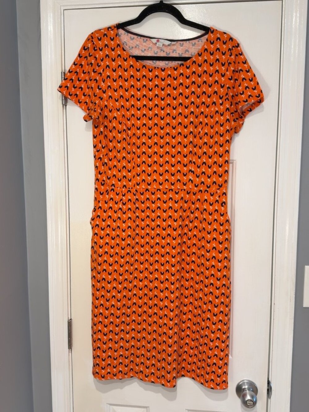 Boden Floral Print Short Sleeve Midi Dress, Orange & Navy, Size US 10